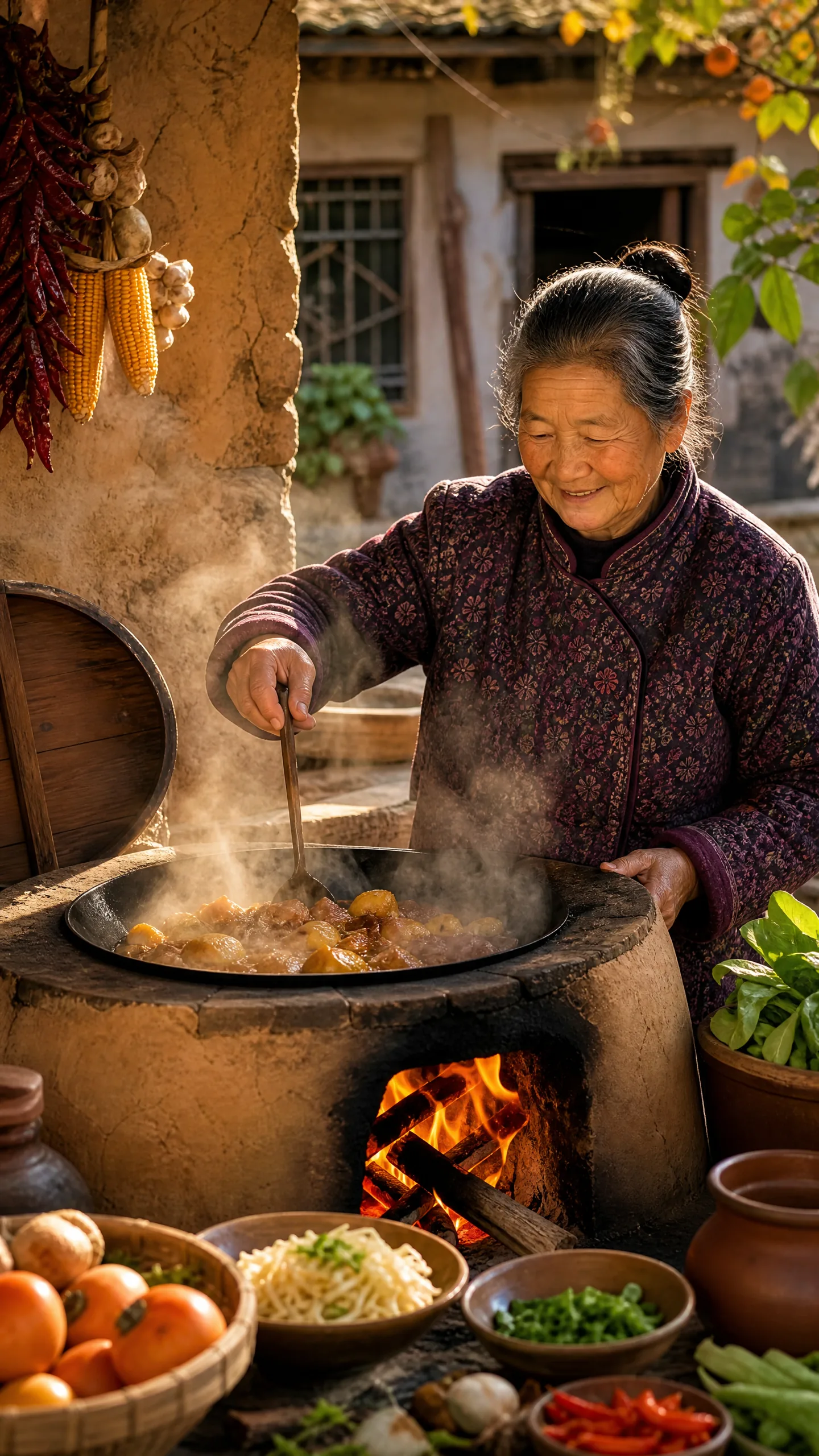 乡村奶奶用﻿土灶烹饪美食